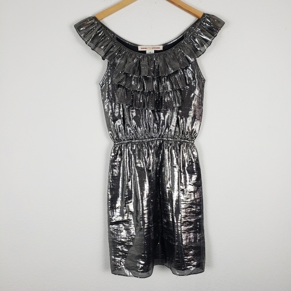 Amanda uprichard silk Platinum metallic ruffle off the shoulder dress - Picture 3 of 8